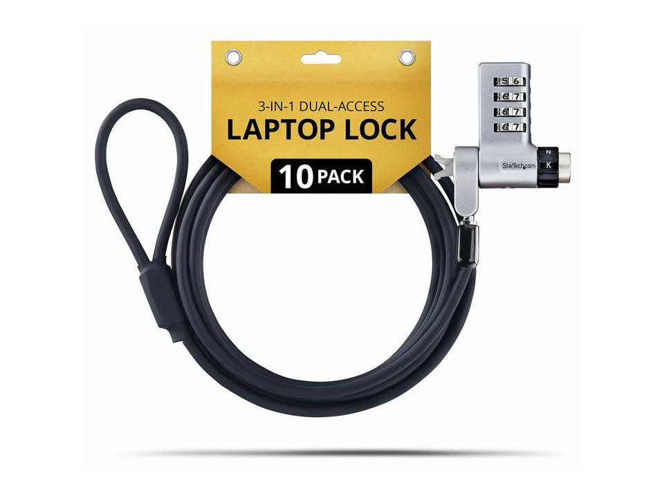 StarTech.com Startech - Sicherheitskabelschloss - 3-in-1, keyed alike/combination security cable lock, anti-theft - schwarz & silber - 2 m - TAA-konform (Packung mit 10)