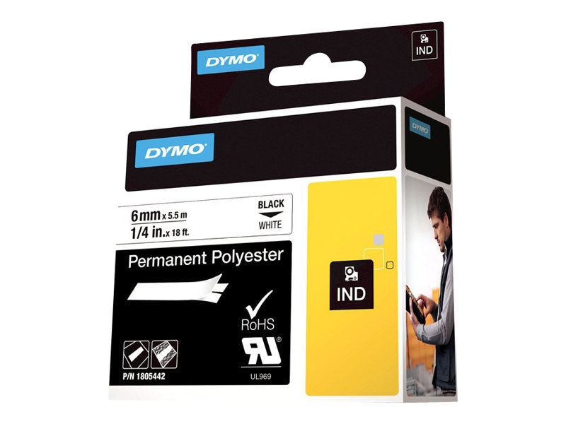 Dymo Rhino Permanent Polyester - Polyester - permanenter Klebstoff - Schwarz auf Weiß - Rolle (0,6 cm x 5,5 m)