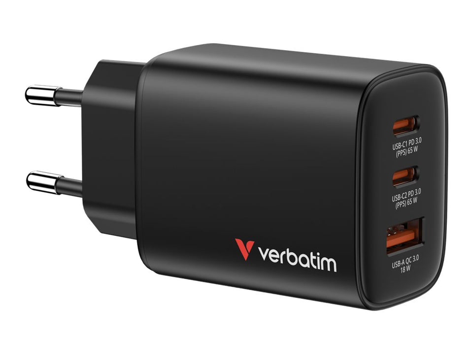 Verbatim Essentials - Netzteil - GaN - 65 Watt - 3 A - Power Delivery 3.0 + PPS, QC 3.0 - 3 Ausgabeanschlussstellen (USB-C, USB)