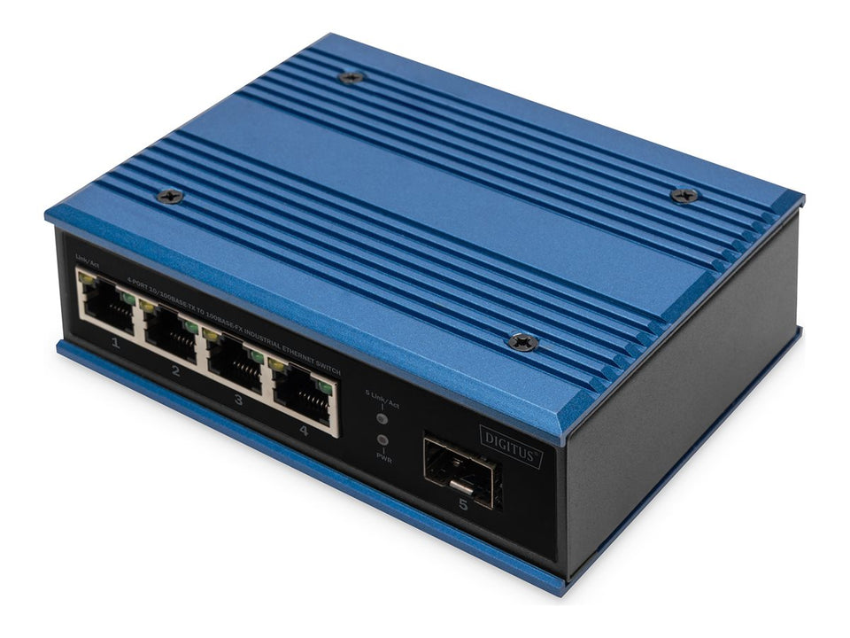 DIGITUS 4 Port Fast Ethernet Netzwerk Switch, Industrial, Unmanaged, 1 SFP FE Uplink