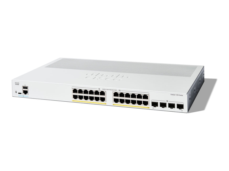 Cisco Catalyst 1200-24P-4G - Switch - L3 - Smart - 24 x 10/100/1000Base-T + 4 x 10 Gigabit SFP+ - an Rack montierbar - PoE+ (195 W)