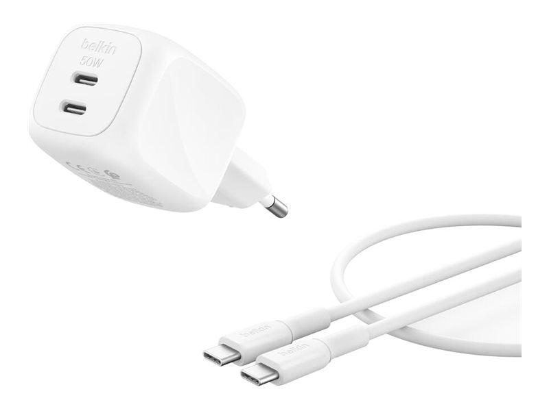 Belkin BoostCharge Pro - Netzteil - GaN - 50 Watt - Fast Charge - 2 Ausgabeanschlussstellen (2 x USB-C)