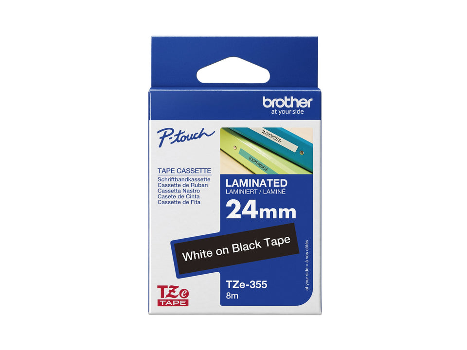 Brother TZe-355 - Standard-Klebstoff - Weiß auf Schwarz - Rolle (2,4 cm x 8 m)