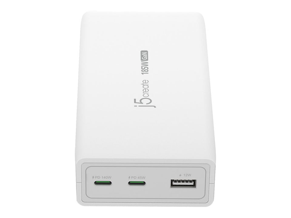 j5create JUP37185W-EN - Netzteil - GaN - 185 Watt - 5 A - Power Delivery 3.1 - 3 Ausgabeanschlussstellen (USB Typ A, 2 x USB-C)