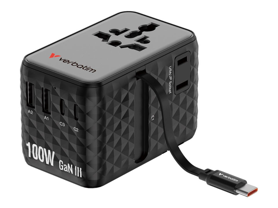 Verbatim Charge 'n' Travel - Netzteil - GaN III, universal, with retractable USB-C cable - 100 Watt - 10 A - QC 4.0+, QC 3.0, Fast Charge, Power Delivery 3.0 + PPS, USB BC 1.2, Apple Fast Charge - 5 Ausgabeanschlussstellen (3 x USB-C, 2 x USB)