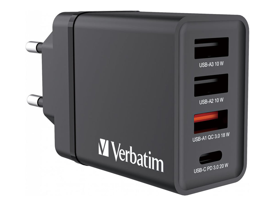 Verbatim Netzteil - 30 Watt - 5 A - PD 3.0, QC 3.0 - 4 Ausgabeanschlussstellen (USB-C, 3 x USB Typ A)