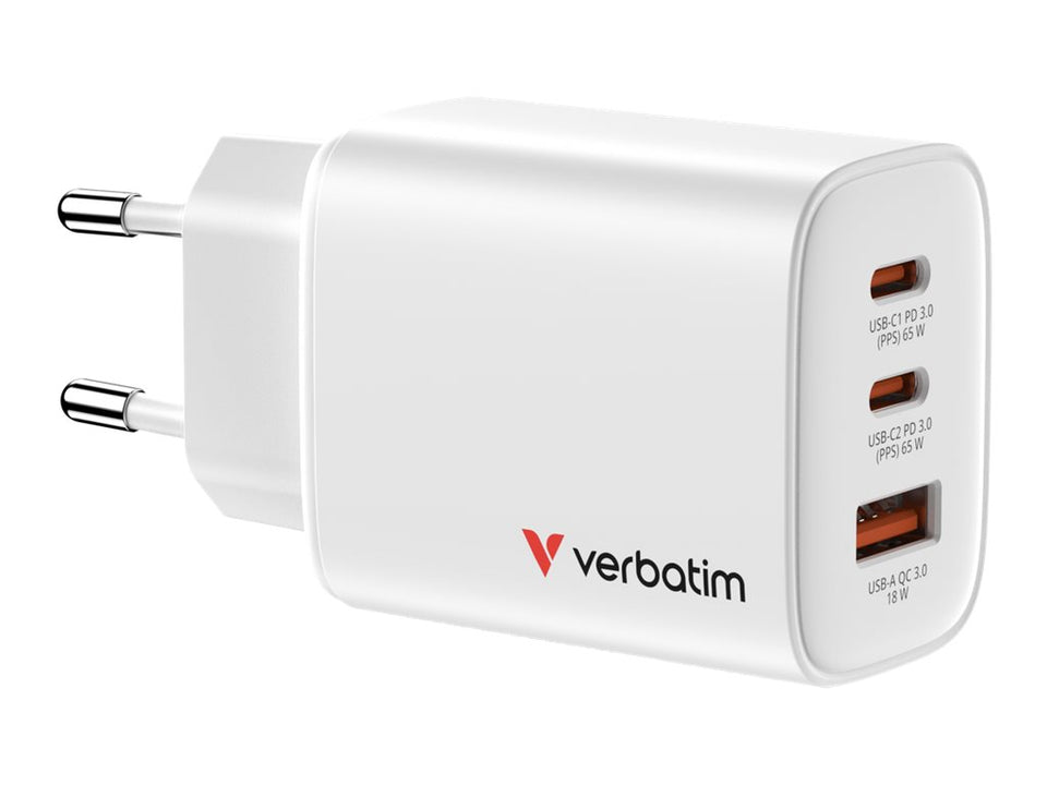 Verbatim Essentials - Netzteil - GaN - 65 Watt - 3 A - Power Delivery 3.0 + PPS, QC 3.0 - 3 Ausgabeanschlussstellen (USB-C, USB)