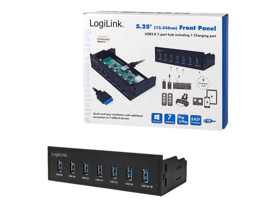LogiLink USB 3.0 hub, 7-port 5.25" internal, with fast charging port - Hub - 6 x SuperSpeed USB 3.0 + 1 x SuperSpeed USB 3.0 (laden)