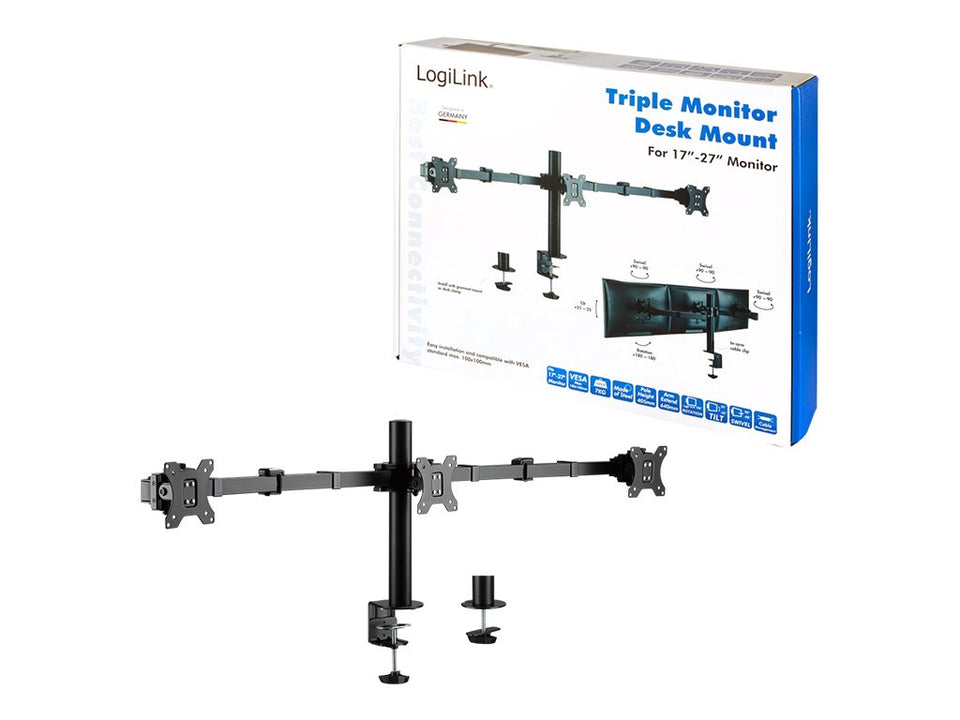 LogiLink Befestigungskit (Klammer, Kabeldurchführungsklemme, Stange, 2 Gelenkarme) - für 3 LCD-Anzeigen - Stahl - Schwarz - Bildschirmgröße: 43.2-68.6 cm (17"-27")